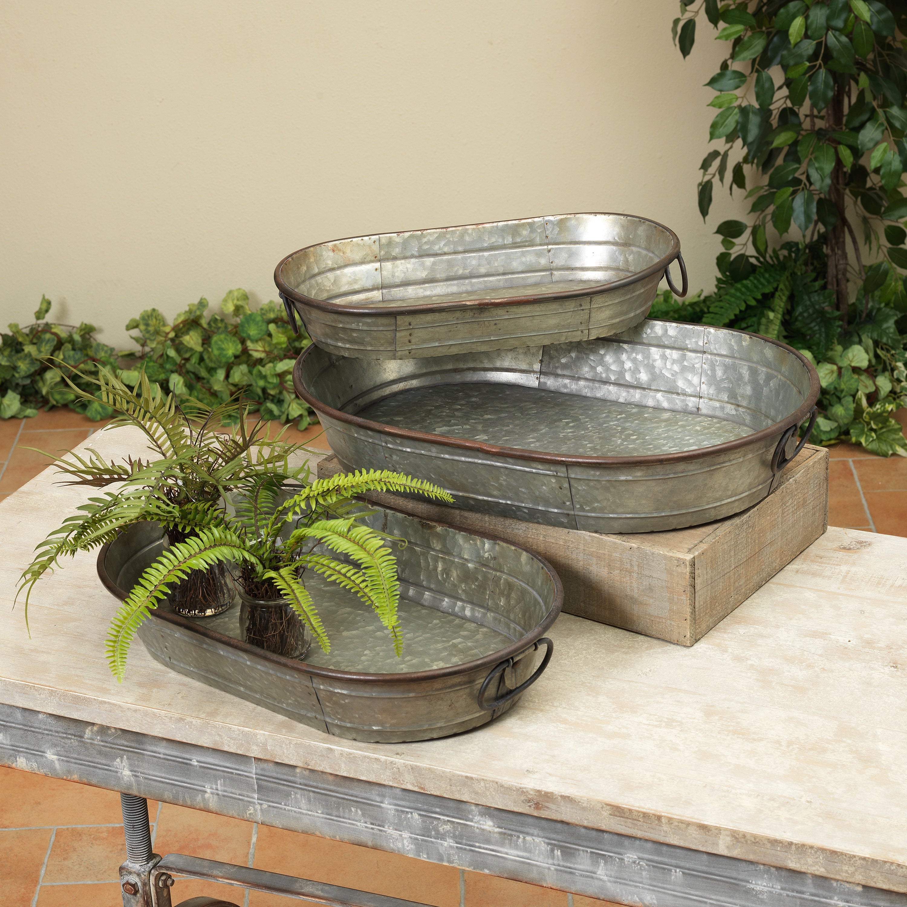 Set of 3 Decorative Oval Galvanized Metal Planter Trays